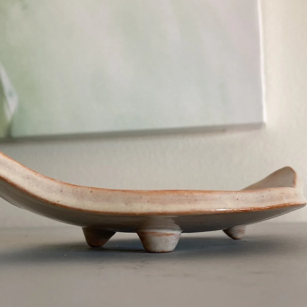 Leaf Imprint Art Dish Studio Pottery Curved Plate with Feet Signed Soap Dish
